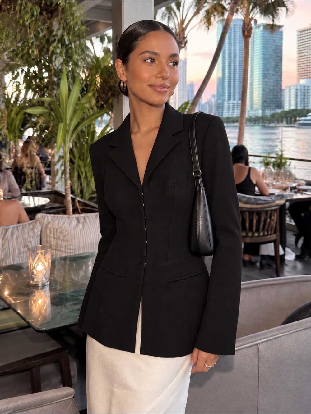 Stylish Open Edit Black Corset-Inspired Tailored Blazer Jacket L Y2K Career Fall